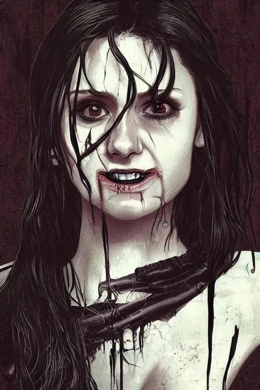 Prompt: nina dobrev in sleepy hollow, full body, big two toned eyes, teeth gritted, horror, intricate details, cinematic, epic, realistic, anatomy, tomer hanuka, uplight, artstation, photorealistic, scary