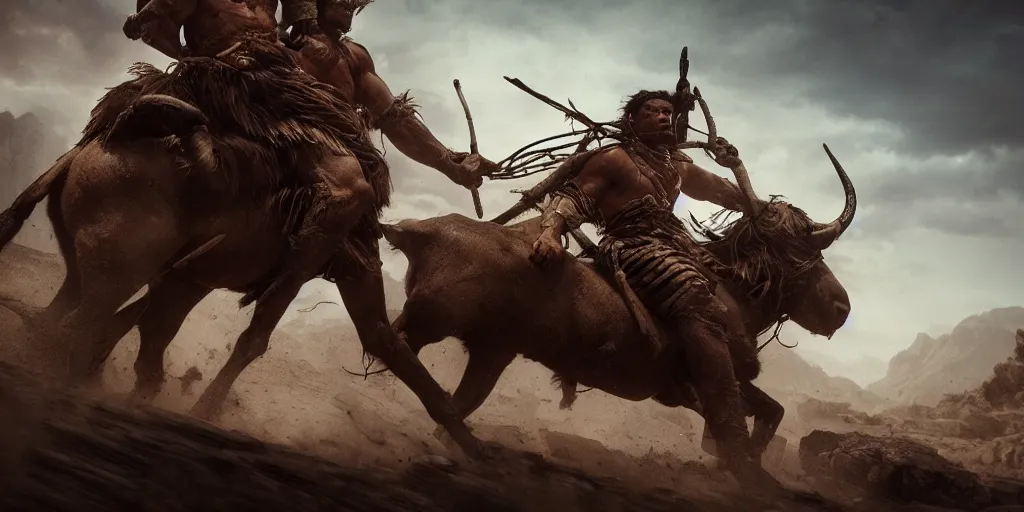 Image similar to an ancient tribesman driving an ancient motorcycle, hunting bisons , symmetrical face, muscular body, attacking, chase, action scene, an epic fantasy, dramatic lighting, cinematic, establishing shot, extremely high detail, photorealistic, cinematic lighting, artstation, octane render, western,old photo, vintage