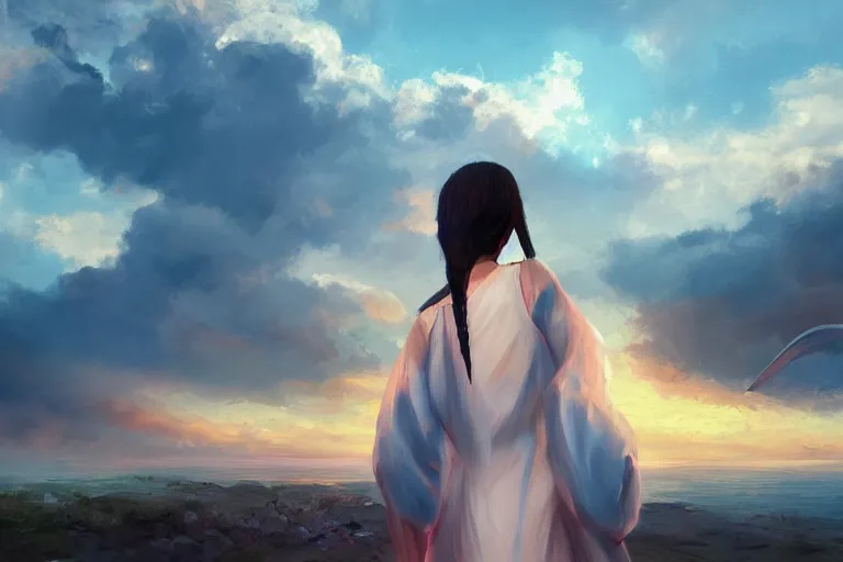 Image similar to back shot of one single beautiful girl in sundress gazing back, holding two swords, digital art by wlop. artstation contest winner, cinematic paint. lower shot. dramatic cloud in background. sunset