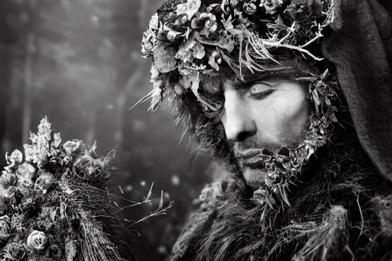 Prompt: portrait of a tyrolean folklore mask, in the alpine forest, dark, eerie , wearing hay coat, with horns, eerie, flowers growing out of his body, dolomites in the background, detailed intricate insanely detailed octane render, 8k, artistic 1920s photography, vintage photo, black and white, photorealistic, chiaroscuro, by David Cronenberg, Raphael, Caravaggio