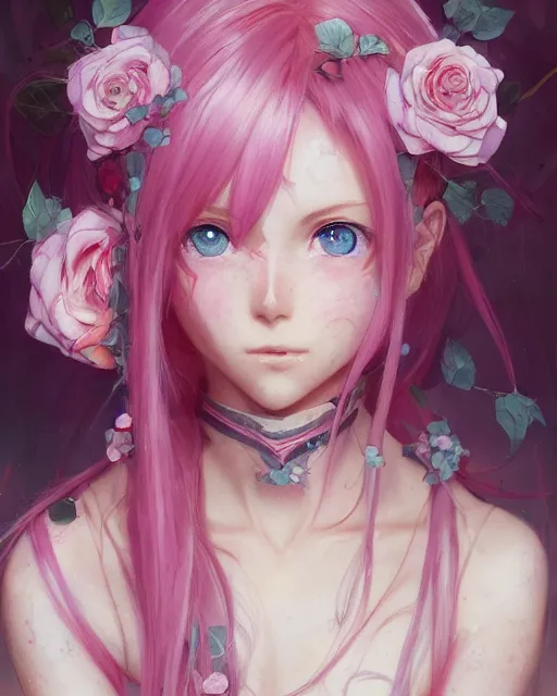 Image similar to blue eyed pink haired anime girl, roses everywhere, highly detailed, digital painting, artstation, concept art, smooth, sharp focus, illustration, art by artgerm and greg rutkowski and alphonse mucha