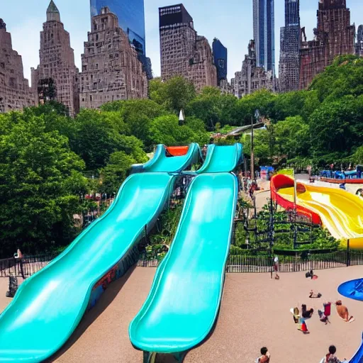 Image similar to photo of a large water park with numerous slides and water rides inside of central park. the new york city skyline is shown in the background.