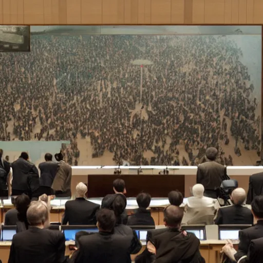 Image similar to UN meeting at The Hague , members yelling and screaming animatedly at Japan’s seating member, a large godlike masked and helmeted cyborg samurai , courtroom drawing , Photo realistic , Gregory Crewdson , Award winning. Masterpiece, exquisite detail, post processing