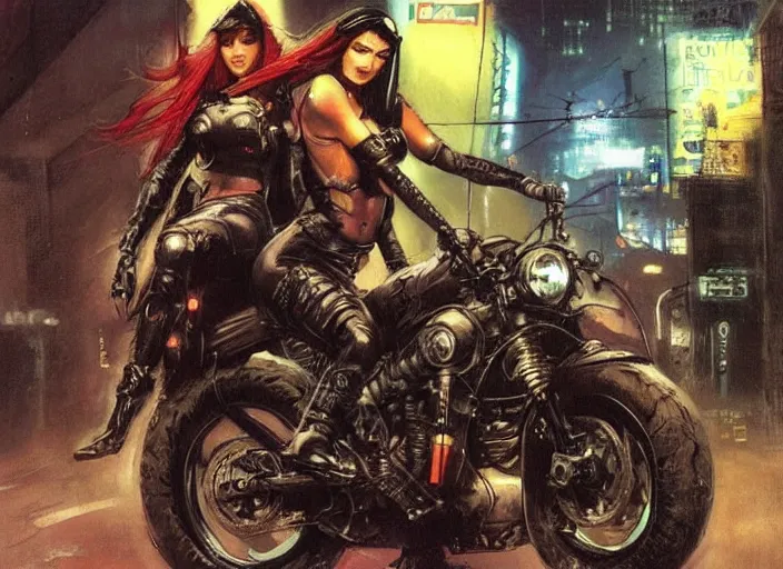 Image similar to 2 attractive cyberpunk females on motorcycles in a gritty futuristic city at night in the rain, art by Simon Bisley Frank Frazetta Martin Emond