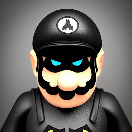 Image similar to super mario as batman, highly detailed, extremely high quality, hd, 4 k, 8 k, professional photographer, 4 0 mp, lifelike, top - rated, award winning, realistic, detailed lighting, detailed shadows, sharp, no blur, edited, corrected, trending