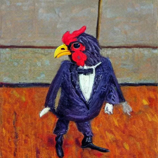 Prompt: a high quality photo of a chicken wearing a suit, impressionism, 8 k