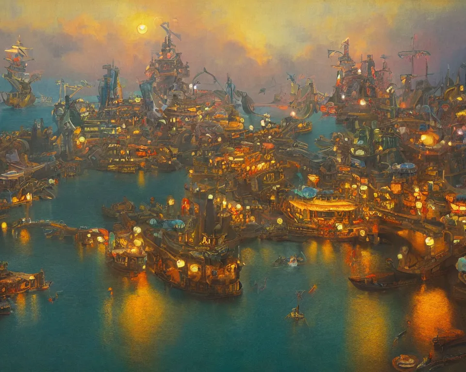 Prompt: an achingly beautiful oil painting of Tokyo DisneySea by Raphael and Hopper.