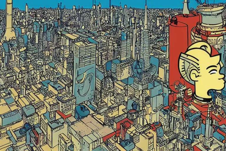 Prompt: sci-fi, futuristic city, cyberpunk, TinTin style! art by Hergé!!