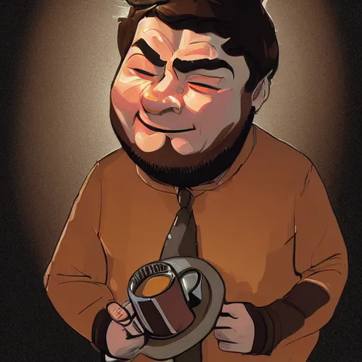 Prompt: guy named luis barlock. coffee addict and ruthless coffee bean psychopath. chubby face. centered median photoshop filter cutout vector behance artgem hd jesper ejsing!