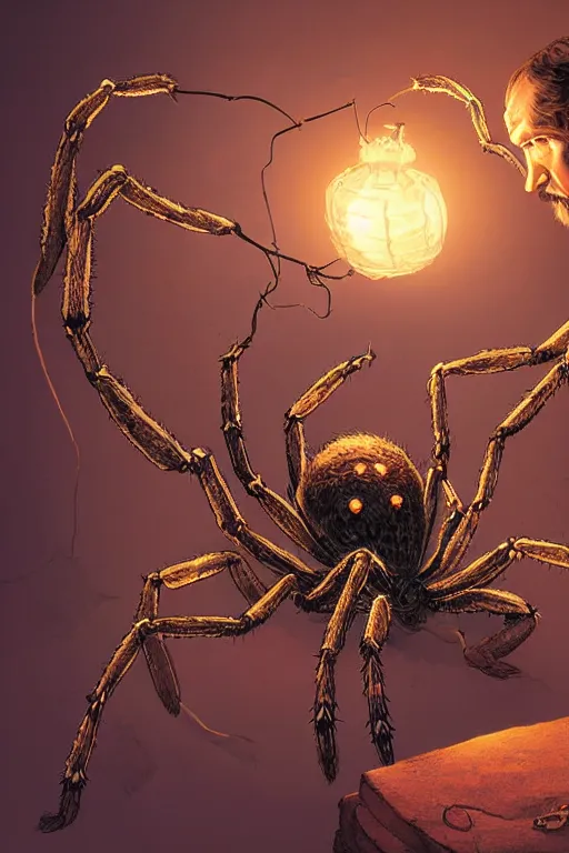 Prompt: fantasy art of an old - fashioned explorer facing the viewer and holding a lamp in front of him, illuminating an enormous monstrous spider right behind him, dramatic lighting, close up, low angle, wide angle, creepy, horrific, realistic, highly detailed digital art