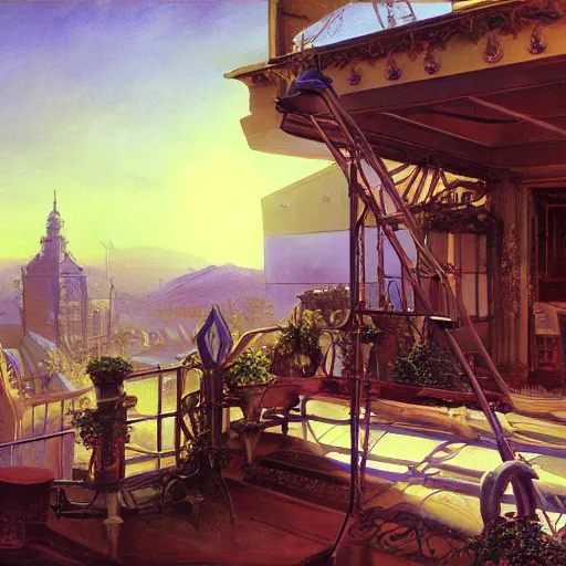 Prompt: painting of syd mead artlilery scifi balcony with ornate metal work lands on a farm, fossil ornaments, volumetric lights, purple sun, andreas achenbach