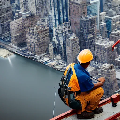 Image similar to a construction worker with a fishing rod sitting on a metal beam high over new york city, photography