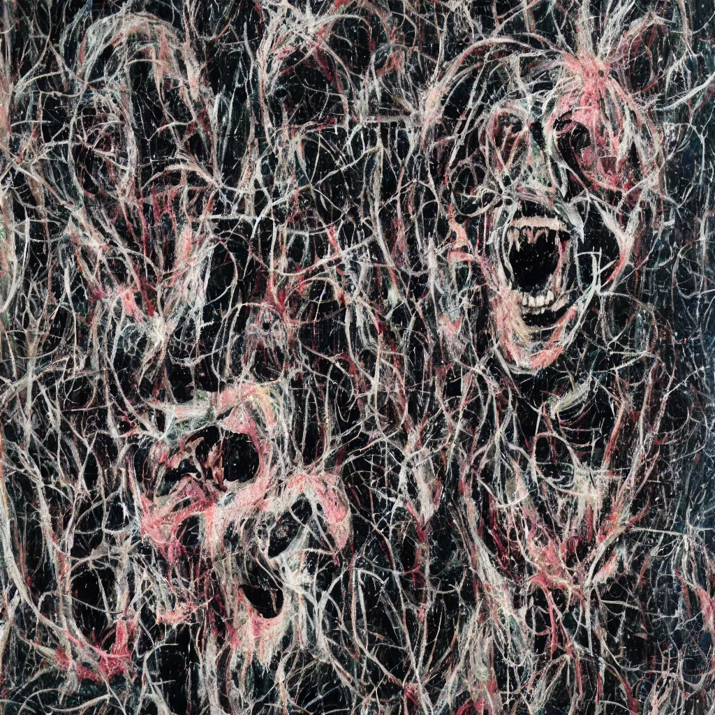 Image similar to camo made of teeth, smiling, abstract, francis bacon artwork, cryptic, dots, spots, stipple, lines, splotch, color tearing, pitch bending, faceless people, dark, ominious, eerie, hearts, minimal, points, technical, old painting