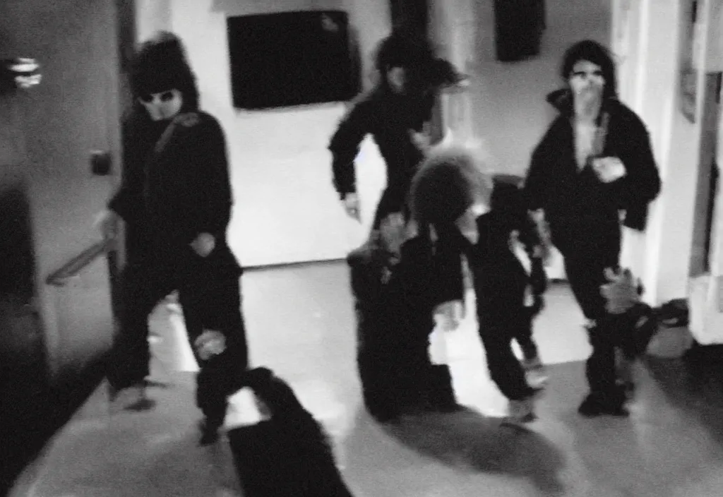 Image similar to security camera footage of demonic michael jackson