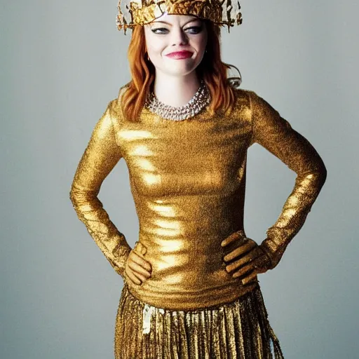 Image similar to A full body shot of Emma Stone wearing a golden Arabian crown , royality, high quality, fully detailed, 4k