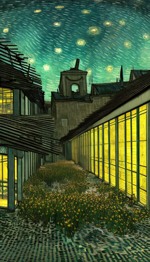 Prompt: a beautiful photorealistic illustration of building architecture city unfinished building industrial architecture urbex nature abandoned patio by vincent van gogh, at night otherworldly flowers alien fisheye thermal imaging hyperrealism, archdaily, wallpaper, highly detailed, trending on artstation.