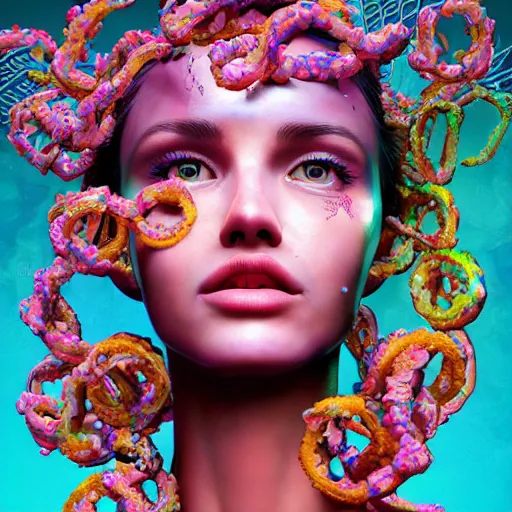 Image similar to the face of a ridiculously beautiful and pretty woman partially made of onion rings of all colors looking up, an ultrafine detailed illustration by james jean, final fantasy, intricate linework, bright colors, behance contest winner, vanitas, angular, altermodern, unreal engine 5 highly rendered, global illumination, radiant light, detailed and intricate environment