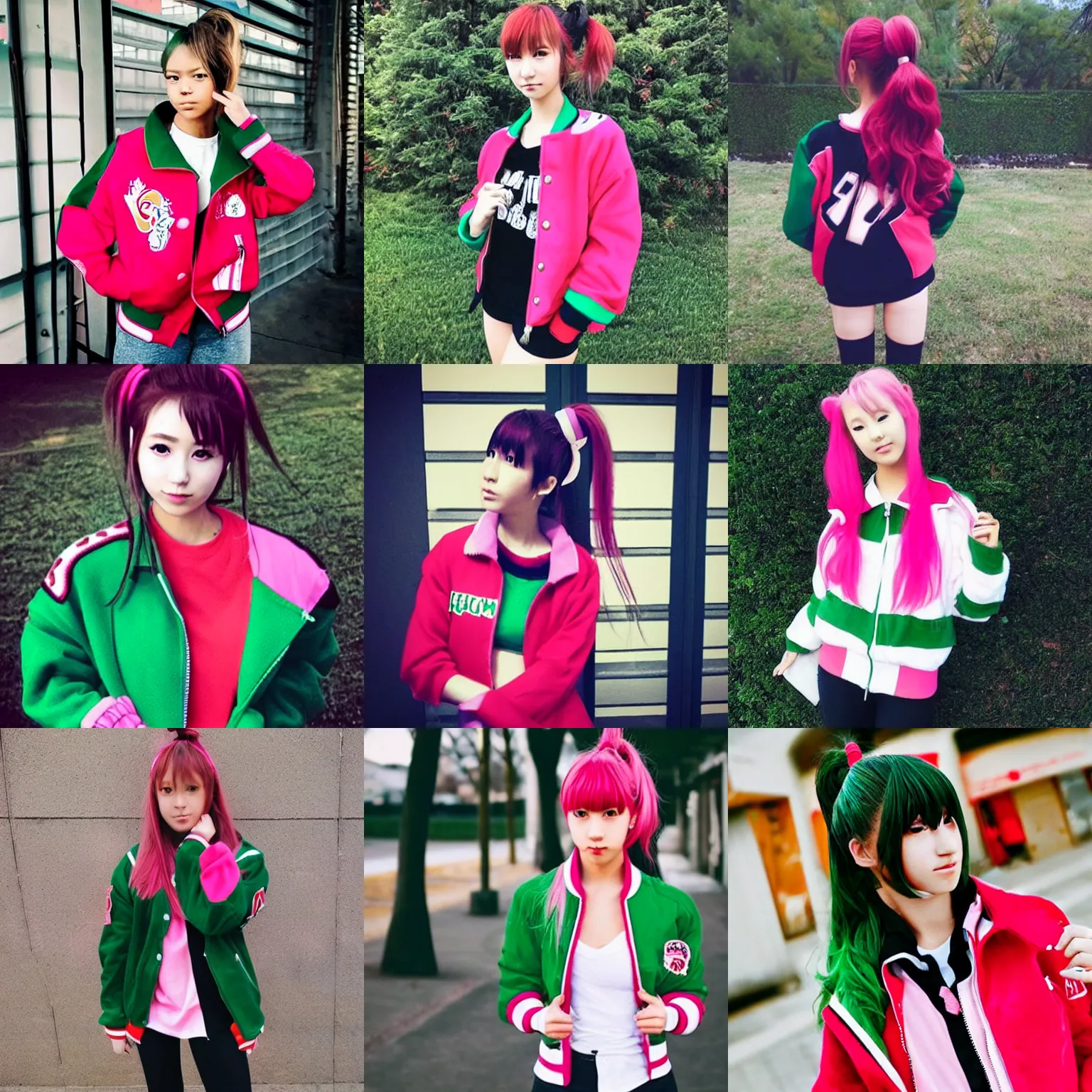 Prompt: “Anime girl with pink ponytail wearing red and green letterman jacket”
