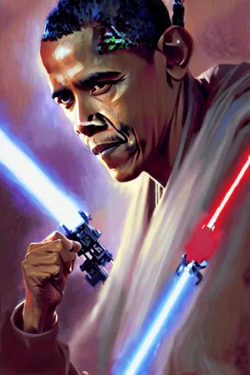 Prompt: barack obama as a advanced elegant jedi, smooth face, star wars, painting by gaston bussiere, craig mullins, greg rutkowski, akiri toriyama