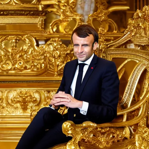 Image similar to emmanuel macron is sitting on the golden loo, detailed photography, 5 0 mm lens,