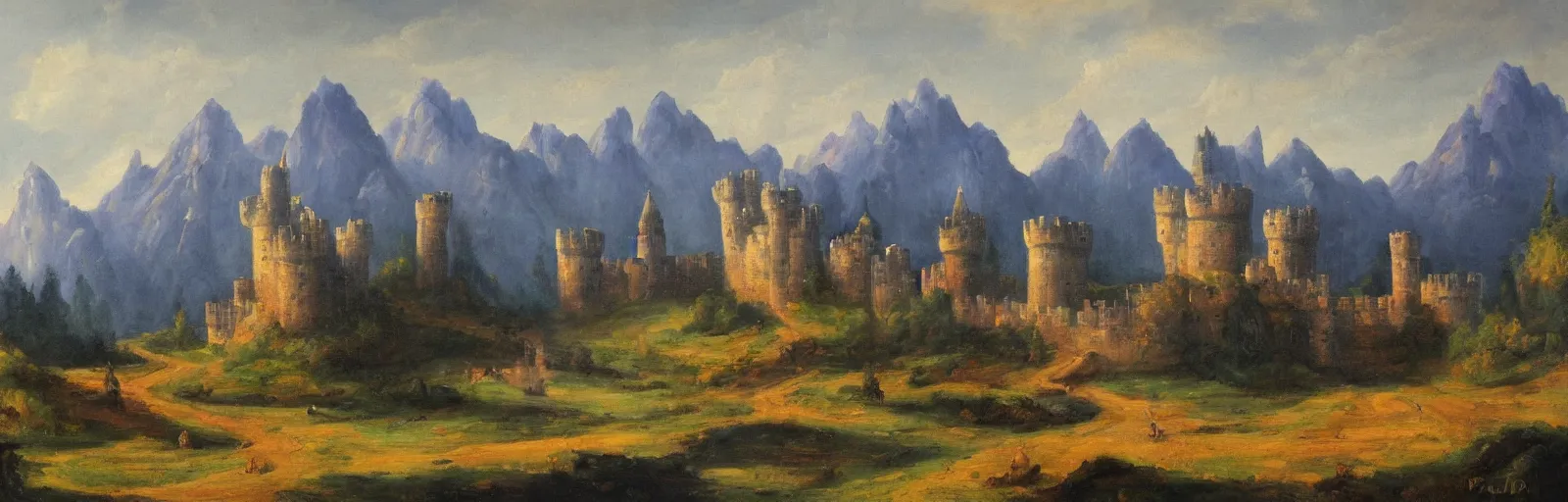 Prompt: landscape painting of multiple large interconnected castles,moat,mountains,oil canvas,by Paul Bril,masterpiece,high quality,pretty,fantasy,impossible