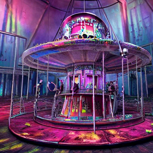 Image similar to Carousel of the damned horror painting unreal engine 3D depth of field 8K HDR Colorful Rainbows Iridescent metallic chrome