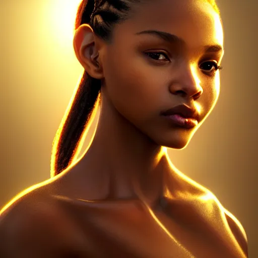 Image similar to a photorealistic hyperrealistic, bright brown eyes, light skinned african young girl, ponytail hair, flawless face, beautiful lips, cute face, by wlop, artgerm, greg rutwoski, alphonse mucha, beautiful dynamic dramatic low - light moody lighting, cinematic atmosphere, artstation, concept design art, octane render, 8 k