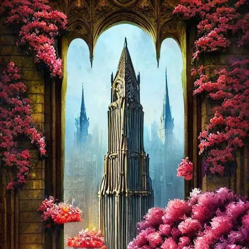 Prompt: a painting of a gothic skyscraper surrounded by flowers, a watercolor and matte painting by beeple and rhads and mark keathley, wes anderson, cgsociety, gothic architecture, dystopian art, retrofuturism, sci - fi, artstation hq