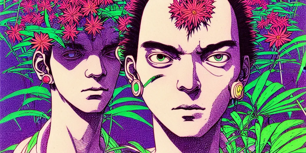 Image similar to risograph grainy drawing futuristic sci - fi antagonist face wearing earrings, photorealistic colors, face covered with plants and flowers, by moebius and satoshi kon and dirk dzimirsky close - up portrait, hyperrealistic