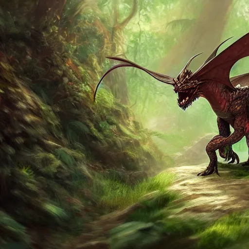 Image similar to a pet dragon hiking through the forest, trending on artstation, realistic, detailed, by Tony Sart