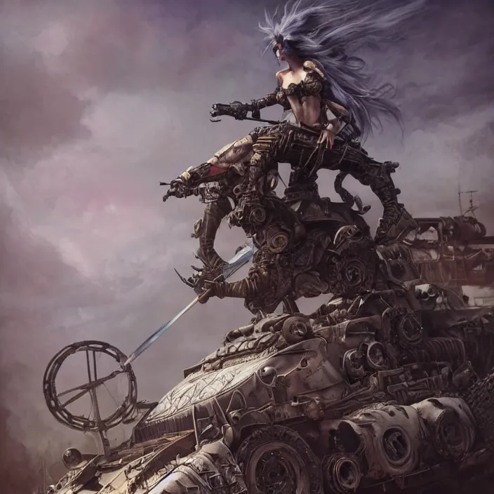 Prompt: beautiful apocalyptic woman with mohawk, standing on mad max panzer tank, hyper-detailed, smooth, sharp focus, 4k ultra hd, fantasy dark art, tank girl, artgerm, artstation, octane render, elegant, detailed digital painting, apocalyptic art, Peter mohrbacher, unreal engine, depth map