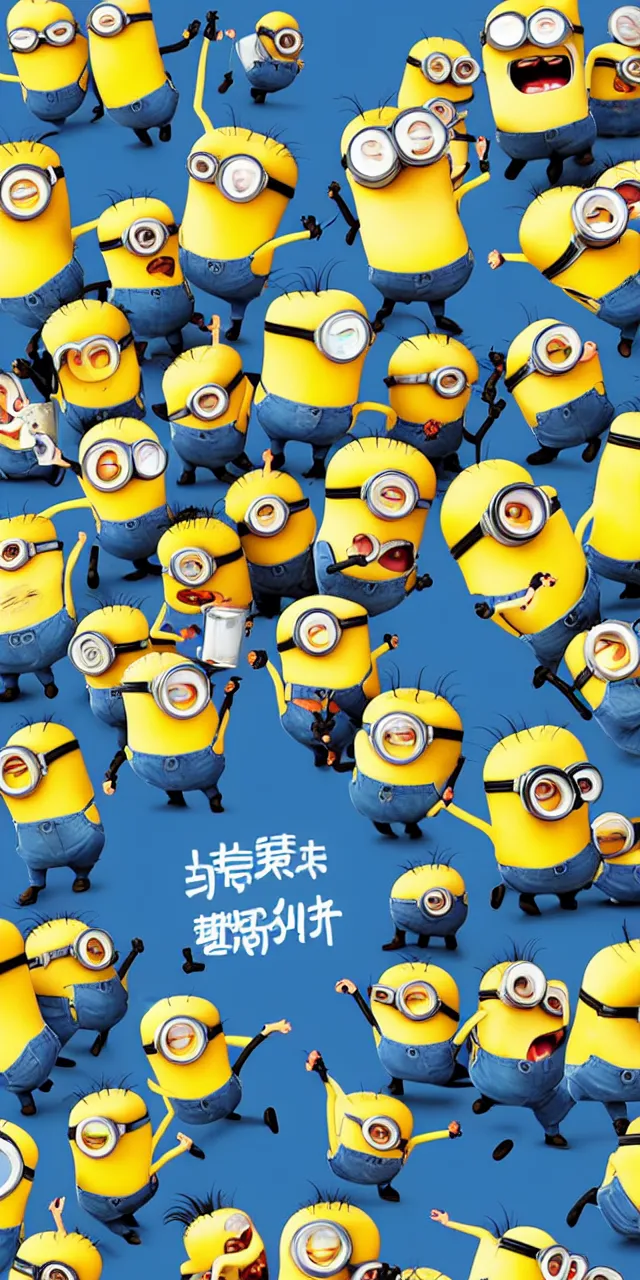 Prompt: chinese propaganda poster with minions, style of propaganda poster, flat design