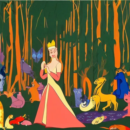 Image similar to A beautiful computer art of Princess Aurora singing in the woods while surrounded by animals. She looks so peaceful and content in the company of the animals, and the colors are simply gorgeous. cutaway by Jacob Lawrence flowing, random