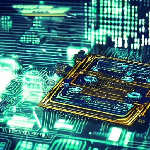 Prompt: “cyberpunk computer chip on a table, Arasaka, cyberpunk 2077”