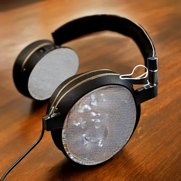 Prompt: masterpiece photo of beautiful hand crafted artistic detailed transparent headphones, flat metal hinges, bismuth metal, electronics see through, plush leather pad, modernist headphones, bismuth beautiful well designed, hyperrealistic, audiophile, intricate hyper detail, extreme high quality, photographic, audeze, sennheiser, raal, bang olufsen, abyssal