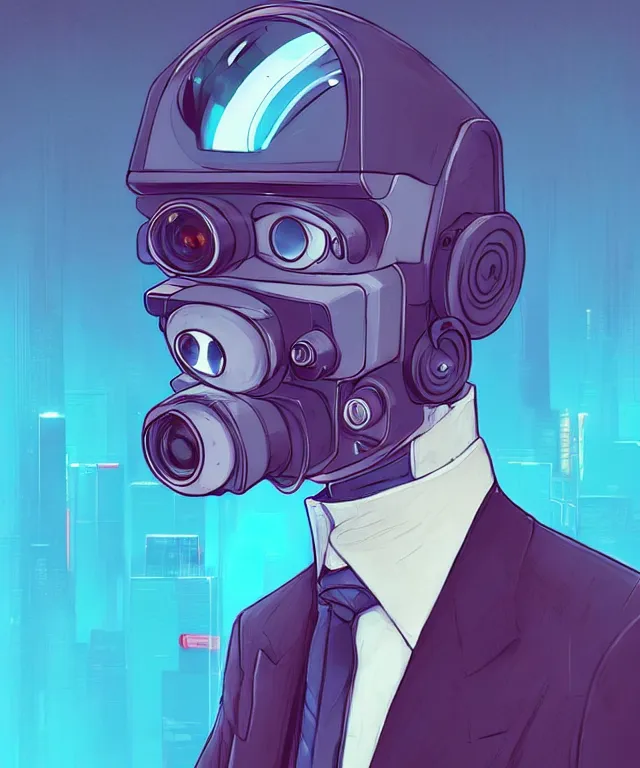 Prompt: a portrait of an anthropomorphic surveillance camera wearing a suit, cyberpunk!, fantasy, elegant, digital painting, artstation, concept art, matte, sharp focus, illustration, art by josan gonzalez