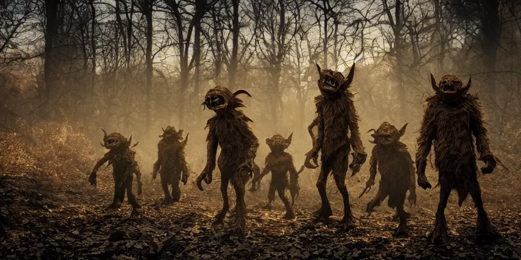 Image similar to photo of real life goblins, creepy!!!, scaly!!!, gritty!!!, menacing!!!, evil, ultra realistic, gritty, winter, golden hour, volumetric lighting, sharp focus