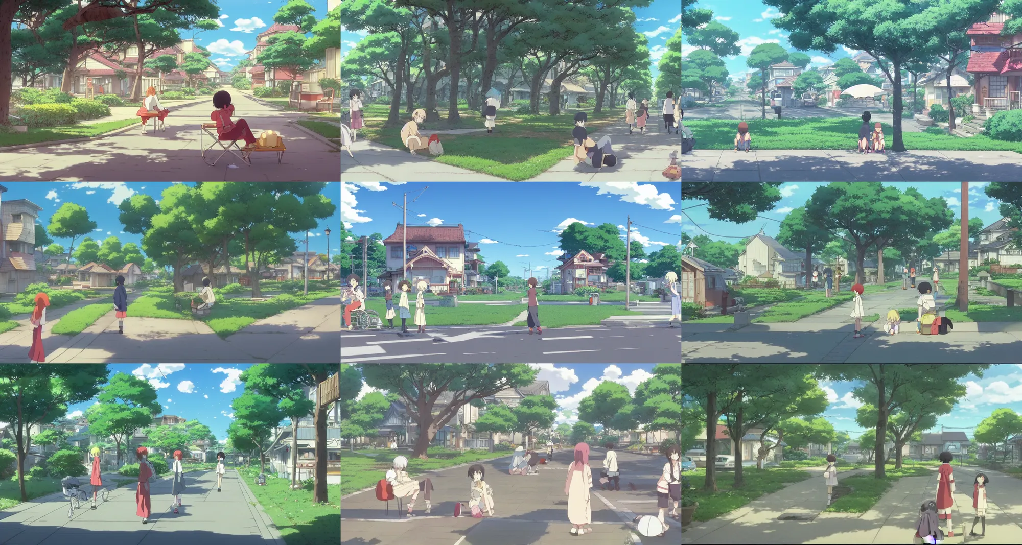 Prompt: beautiful slice of life anime scene of suburban street, relaxing, calm, cozy, peaceful, by mamoru hosoda, hayao miyazaki, makoto shinkai