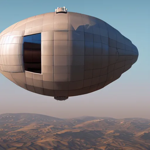 Image similar to retrofuturistic armored blimp, 3 d render, octane, ray tracing, ultra high resolution, ultra detailed, photorealistic, 8 k