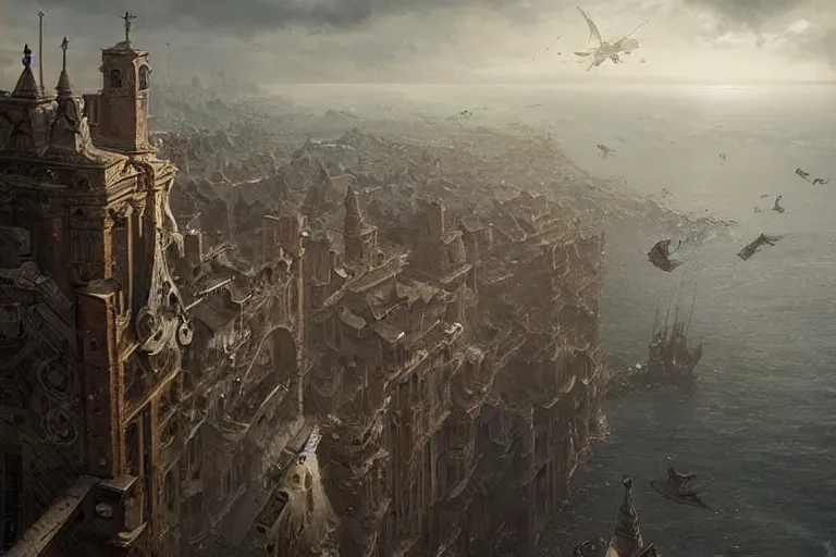 Image similar to people FLYING ON BIRDS, over the ocean, towards a GIGANTIC wall, protecting the city from black mist, cinematic, greg rutkowski, detailed, intricate