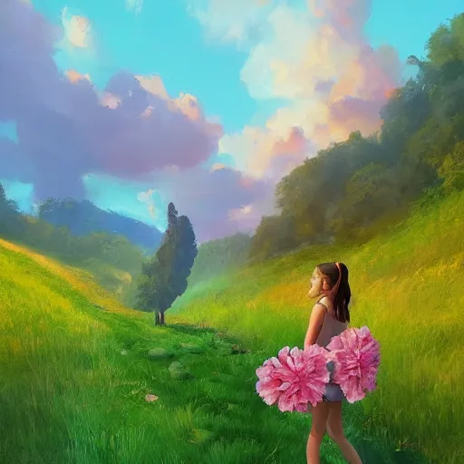 Image similar to giant carnation flower as a head, girl hiking in a lush valley, surreal photography, sunrise, dramatic light, impressionist painting, colorful clouds, digital painting, artstation, simon stalenhag