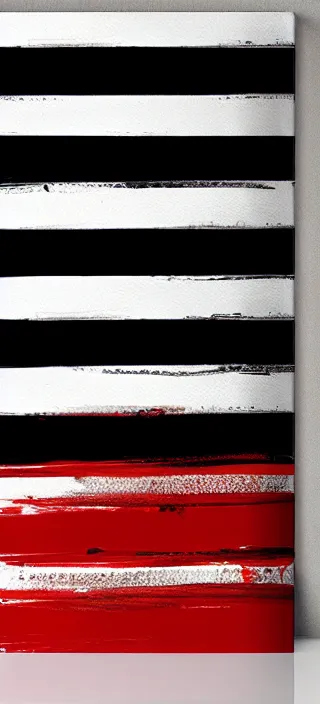 Prompt: canvas coated with red paint, black stripes, matte paint, splashes of white paint