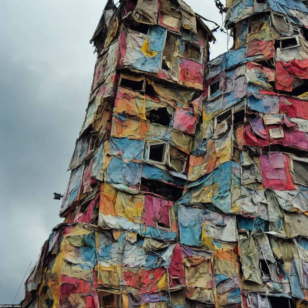 Image similar to close - up view of a tower made up of colourful makeshift squatter shacks, bleached colours, moody cloudy sky, dystopia, mamiya, f 1. 8, very detailed, photographed by bruno barbey and man ray