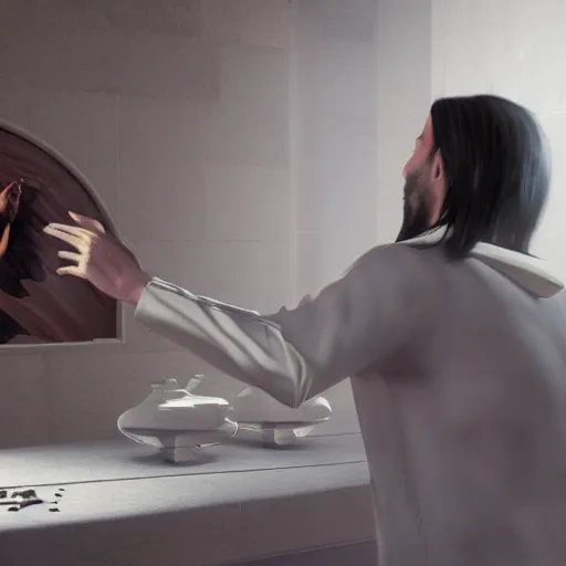 Prompt: hyper realistic unreal engine 4 render of a half - cat half - human asian jesus performing a miracle on a blind human