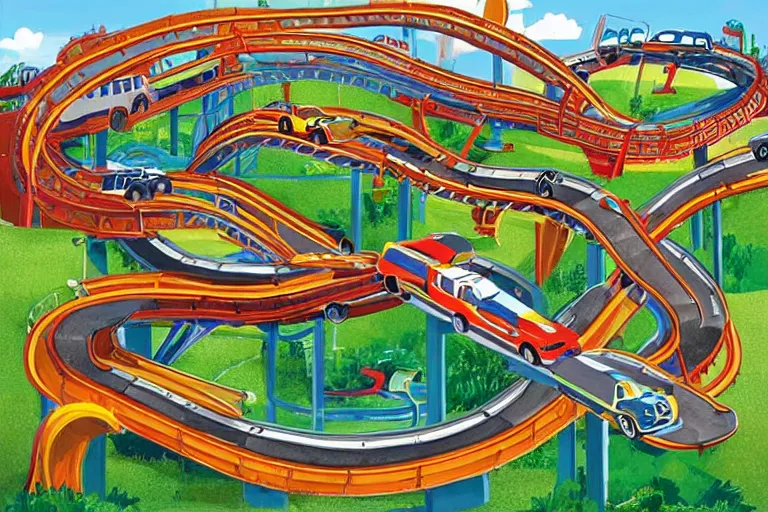 Prompt: a fantastical world of cars driving on rollercoaster highways as seen in the book i spy treasure hunt