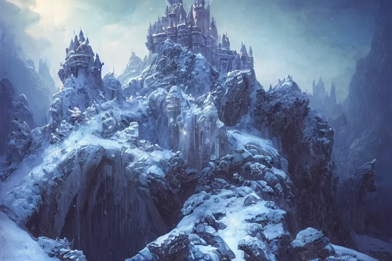 Image similar to single fantasy castle in foreground on a rocky outcrop, highly detailed, icy windswept world with deep blue colours over white, snowdrifts and icicles, illustrated by Greg Rutkowski and Gaston Bussiere, 35mm lens, beautiful macro close-up imagery, moody lighting, beautiful volumetric-lighting-style atmosphere