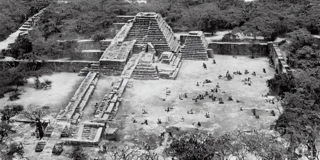 Prompt: bird's eye view photograph of a highrise mayan arqueology, chichen itza, tenochtitlan, pond, wide roads, no watermarks, extremely detailed photography