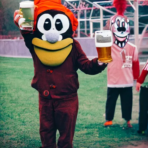 Prompt: silly little grumpy man clown with a beer in front of a soccer match, kodak photo