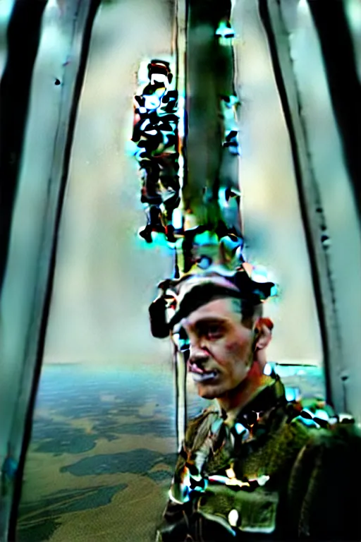 Image similar to kodak portra 5 0 mm f 4 full body portrait photography of a wwii airborne infantry soldier who's a mix of gillian anderson and adam driver, looking exhausted, setting is inside a sci fi megastructure tower looking out a window, photo by erwin olaf