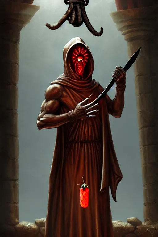 Image similar to an ancient statue of a hooded cultist is holding a bloody knife in one hand and a tomato on the other, standing in a forgotten temple to an eldritch god, by patrick mcenvoy and michael komarck and fantasy flight, incredible quality, trending on artstation